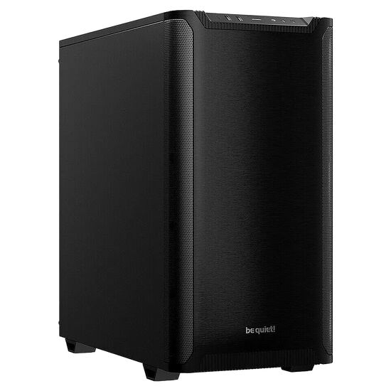 Boîtier PC noir de la marque be quiet! avec une finition texturée et des pieds de support.