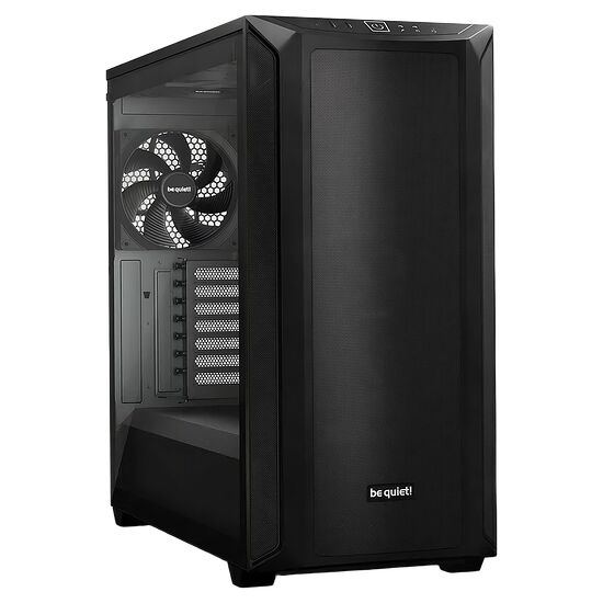 Boîtier PC noir de la marque be quiet! avec une façade en mesh et un ventilateur visible à l'arrière.