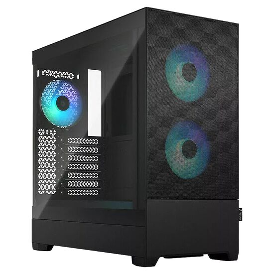 Boîtier PC noir avec panneau latéral en verre trempé et façade en mesh, équipé de deux ventilateurs à éclairage RGB.