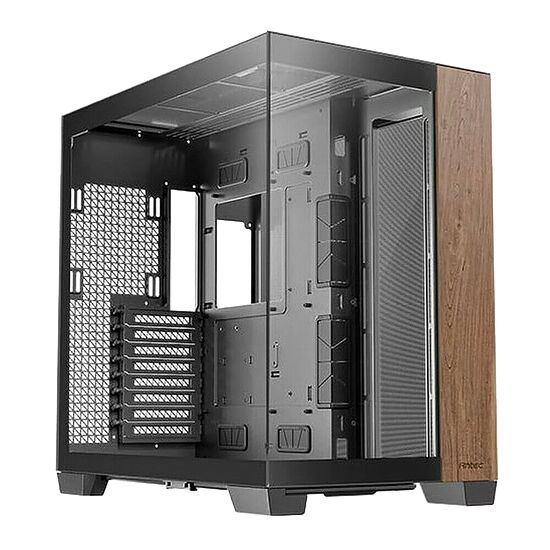 Boîtier PC Antec avec une façade en bois texturé et un panneau latéral en verre trempé. Le boîtier est de couleur noire avec une structure interne robuste et des zones de ventilation grillagées.