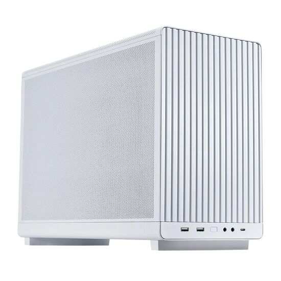 Boîtier PC compact de couleur blanche avec une façade striée verticalement et une grille de ventilation sur le côté.