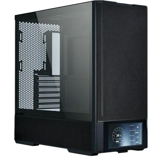 Boîtier PC noir avec une paroi latérale en verre trempé et une façade en mesh pour une meilleure circulation de l'air.