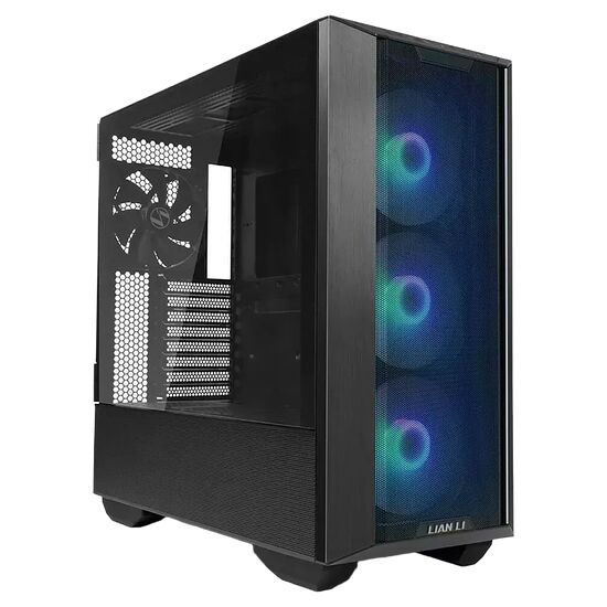 Boîtier PC Lian Li noir avec une paroi latérale en verre trempé et trois ventilateurs à éclairage RGB bleus sur la façade avant.