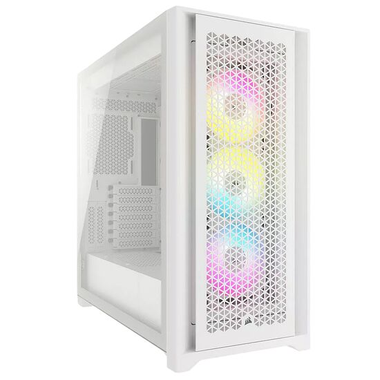 Boîtier PC blanc avec une façade en mesh perforée laissant apparaître trois ventilateurs avec un éclairage RGB multicolore.