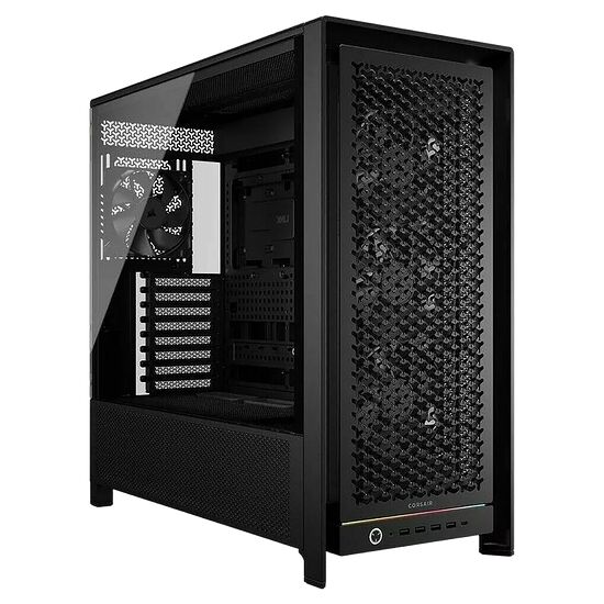 Boîtier PC Corsair noir avec panneau latéral en verre trempé et façade en mesh pour une circulation d'air optimale.
