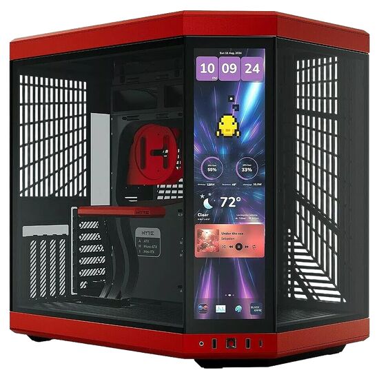 Un boîtier PC rouge et noir avec une vitre latérale transparente et un écran LCD intégré affichant l'heure et des statistiques système.