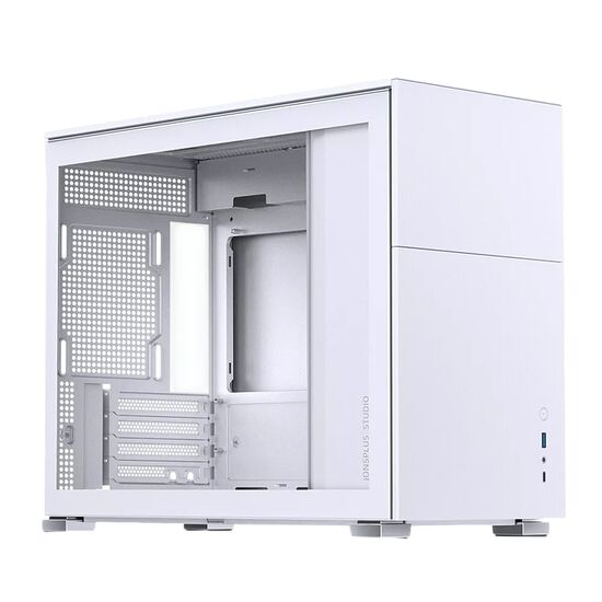 Boîtier PC blanc de la marque IONUSPLUS STUDIO avec une paroi latérale en verre trempé laissant apparaître l'intérieur.