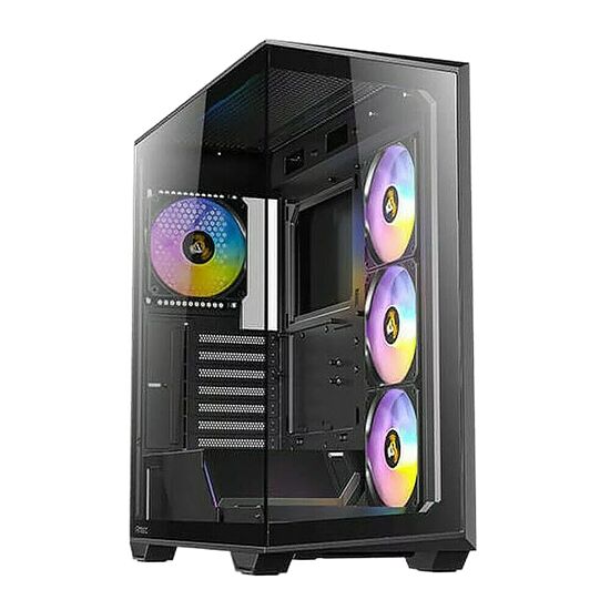 Boîtier PC avec panneau latéral en verre trempé et trois ventilateurs RGB installés à l'avant.