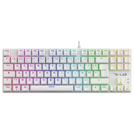 Clavier mécanique blanc avec rétroéclairage RGB multicolore, de marque G-Lab.