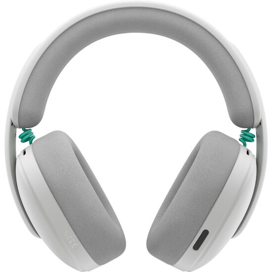 Casque audio sans fil blanc avec des coussinets gris et des détails vert émeraude.