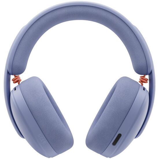 Casque audio sans fil de couleur bleu lavande avec des coussinets rembourrés.