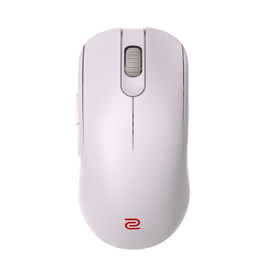 Souris sans fil blanche avec un bouton de défilement gris et le logo rouge de la marque en bas.