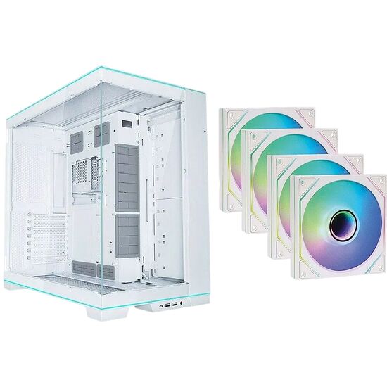 Boîtier PC blanc avec panneau en verre trempé accompagné de quatre ventilateurs RGB blancs.