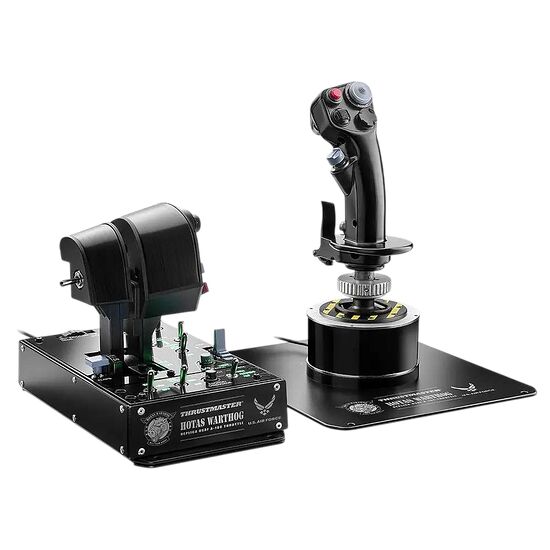 Ensemble HOTAS Thrustmaster comprenant un joystick et une manette des gaz noirs, conçus pour la simulation de vol.