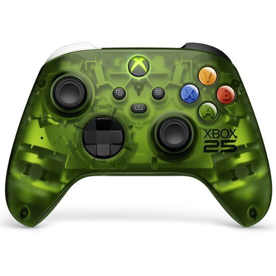 Manette Xbox de couleur verte translucide avec un design spécial célébrant les 25 ans de la marque.