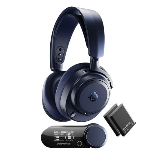 Casque audio sans fil SteelSeries de couleur bleu foncé avec son dongle USB.