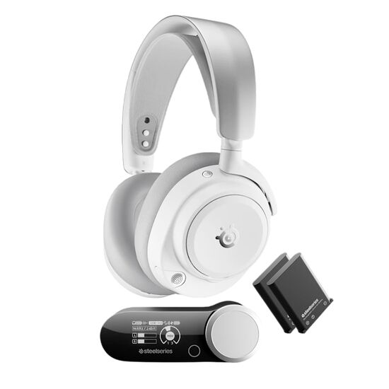 Casque gaming blanc SteelSeries avec son dongle sans fil USB.