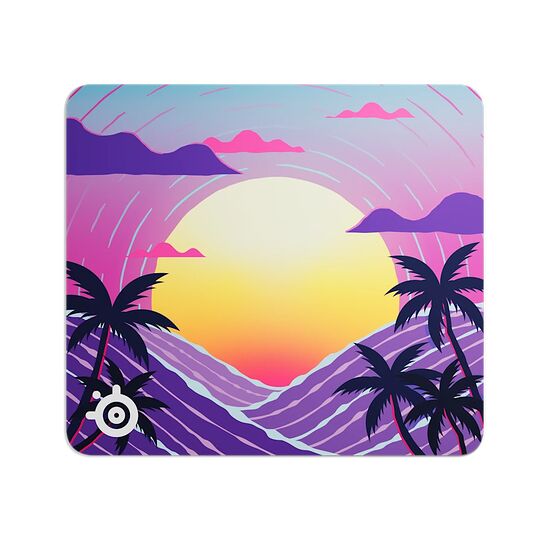 Illustration de style rétro-wave représentant un coucher de soleil sur une plage avec des palmiers et des vagues stylisées dans des tons violets, roses et jaunes.