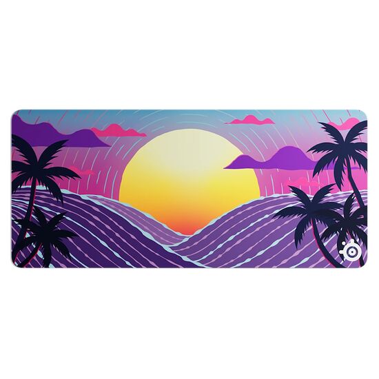 Tapis de souris rectangulaire arborant un paysage tropical stylisé avec un grand soleil couchant, des palmiers et des collines violettes sur un fond coloré.