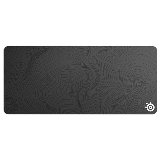 Tapis de souris de couleur noire avec un motif de lignes topographiques grises et le logo de la marque dans le coin inférieur droit.