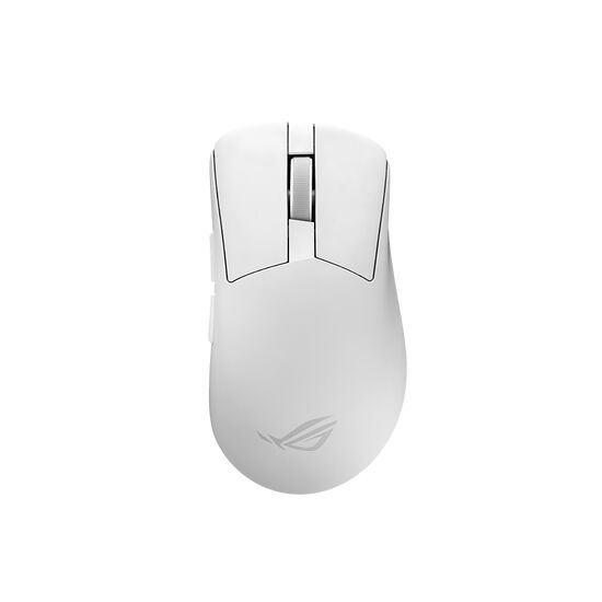 Souris gaming ASUS de couleur blanche avec le logo ROG visible sur le dessus.