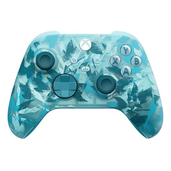 Manette Xbox avec un motif de feuilles dans les tons bleu et turquoise translucide.