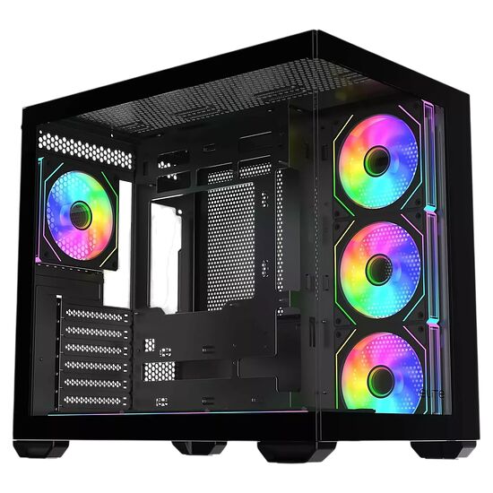 Boîtier PC avec panneau en verre trempé et trois ventilateurs RGB installés sur la façade avant. L'intérieur est éclairé par des lumières multicolores.