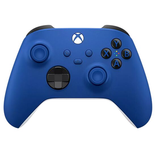 Manette Xbox bleue avec des boutons de commande classiques et un joystick directionnel noir.