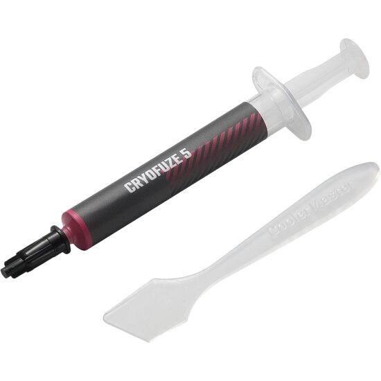 Seringue de pâte thermique Cryofuze 5 de Cooler Master accompagnée d'une spatule de précision blanche.