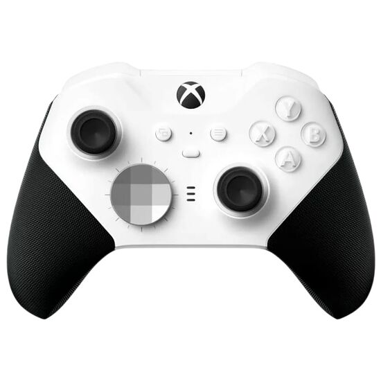 Manette blanche Xbox avec des grips noirs sur les côtés et des sticks analogiques noirs.