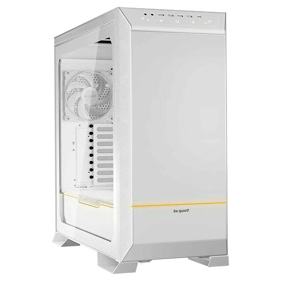 Boîtier PC blanc de la marque be quiet! avec une paroi latérale transparente laissant apparaître un ventilateur blanc à l'intérieur.