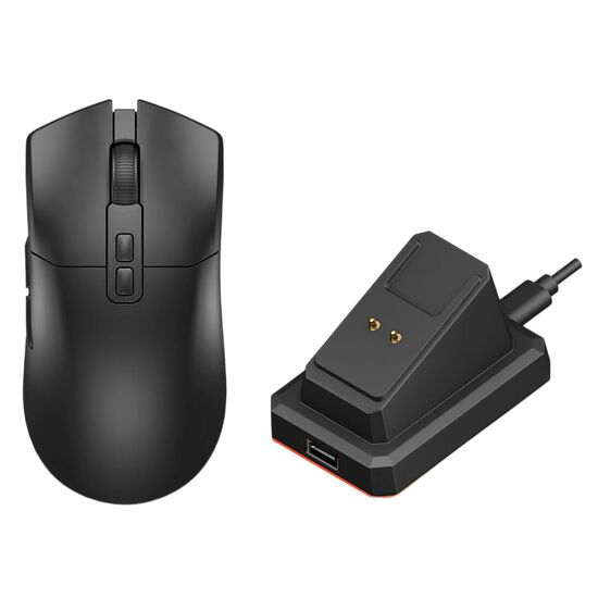 Une souris d'ordinateur noire sans fil et son socle de recharge assorti.