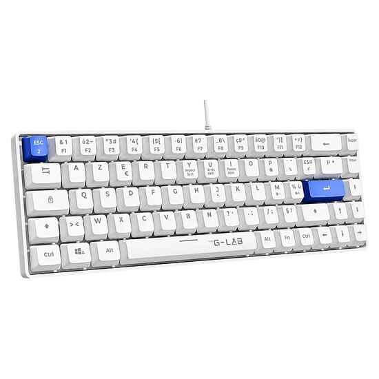 Clavier mécanique G-LAB avec touches blanches et touches de fonction bleues, relié par un câble USB blanc.