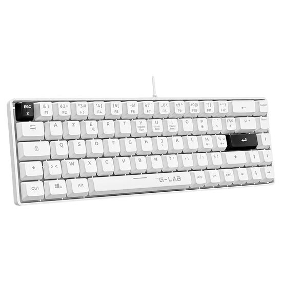 Clavier mécanique G-LAB de couleur blanche avec touches noires et touches de fonction blanches. Il dispose d'un format compact et d'un câble blanc.