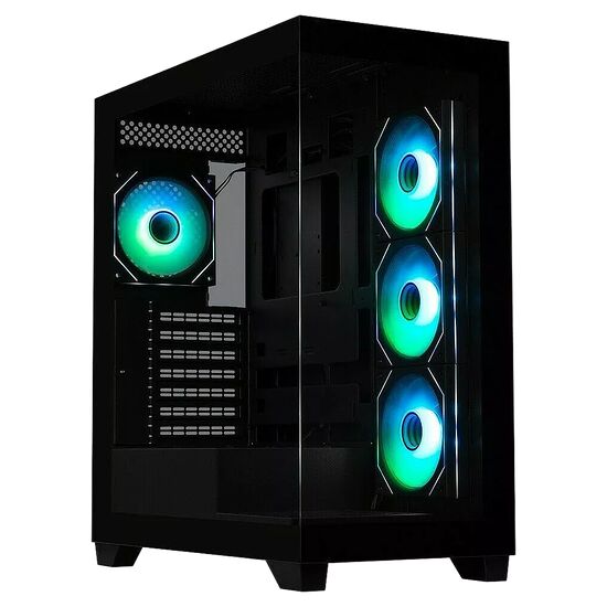 Boîtier PC noir avec une paroi latérale transparente et trois ventilateurs RGB à l'avant, ainsi qu'un ventilateur à l'arrière.