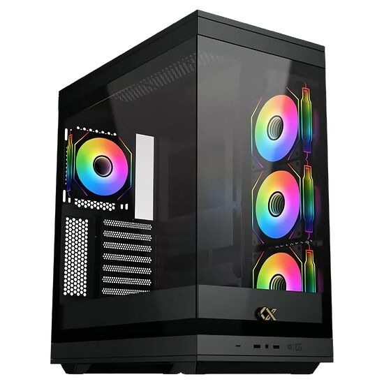Boîtier PC noir avec panneau latéral en verre trempé et trois ventilateurs RGB installés à l'avant.