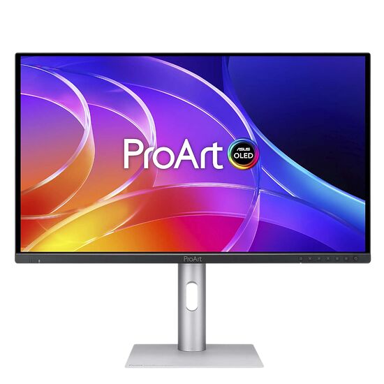 Écran ASUS ProArt OLED avec un fond d'écran coloré aux formes abstraites. L'écran est monté sur un pied argenté élégant.