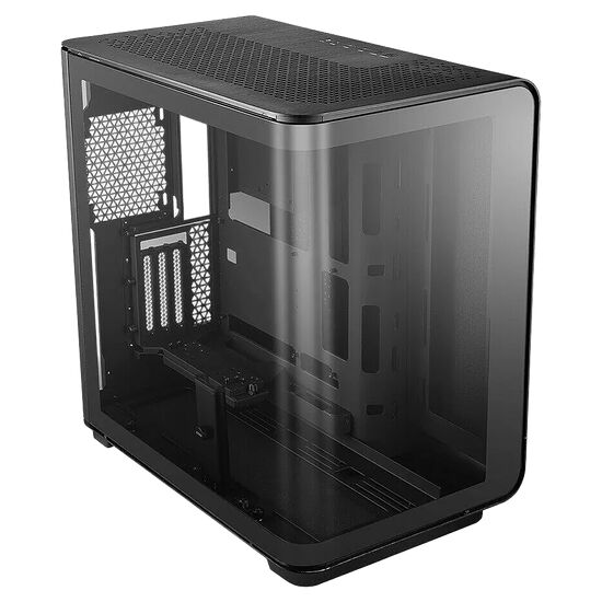 Boîtier PC noir avec panneau latéral en verre trempé et grille de ventilation sur le dessus.