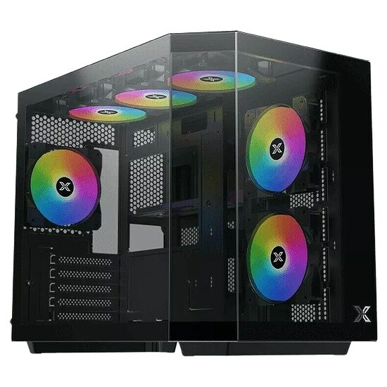 Boîtier PC avec panneau latéral en verre trempé et trois ventilateurs RGB installés à l'avant et à l'arrière.
