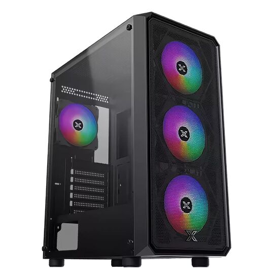 Boîtier PC avec panneau latéral transparent et trois ventilateurs RGB installés à l'avant.