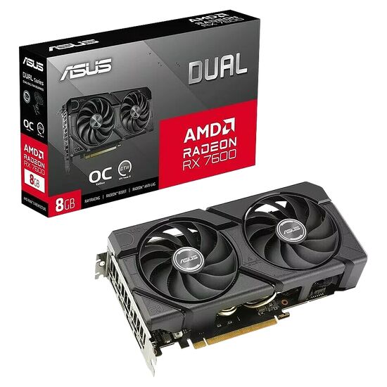 Carte graphique ASUS Radeon RX 7600 Dual avec deux ventilateurs, présentée avec sa boîte d'origine.