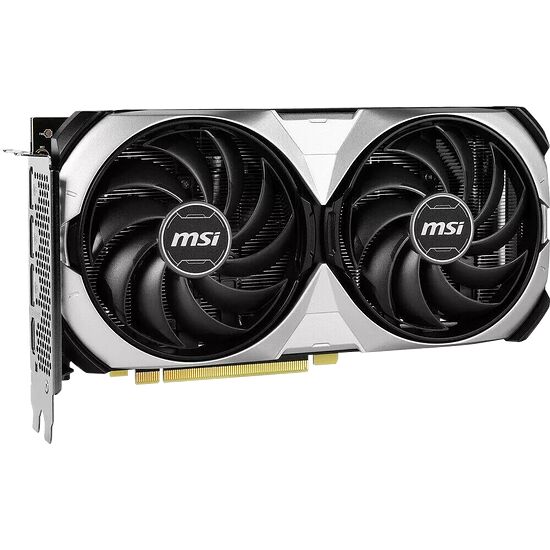 Carte graphique MSI avec deux ventilateurs noirs et un boîtier argenté.