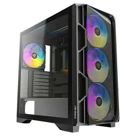 Boîtier PC Antec noir avec une paroi latérale en verre trempé et trois ventilateurs ARGB colorés installés à l'avant.
