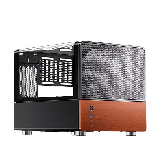 Un boîtier PC avec une façade en mesh gris et une partie inférieure en bois, doté de deux ventilateurs visibles à travers la grille.