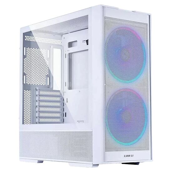 Boîtier PC blanc de la marque Lian Li avec panneau latéral en verre trempé et deux ventilateurs à éclairage RGB sur la façade.