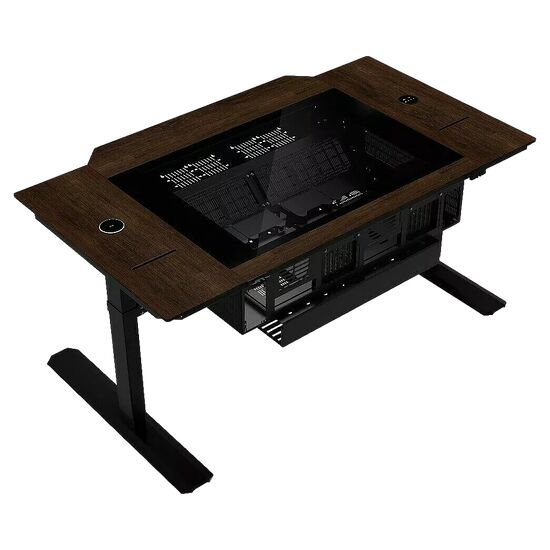 Bureau de gaming réglable en hauteur avec un plateau en bois sombre et une zone centrale vitrée laissant apparaître le matériel informatique à l'intérieur.
