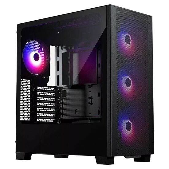 Boîtier PC noir avec panneau latéral en verre trempé et trois ventilateurs avant éclairés par un éclairage RGB.