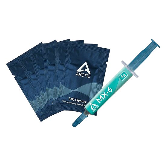 Kit de nettoyage Arctic MX-6 comprenant une seringue de pâte thermique et plusieurs lingettes de nettoyage.