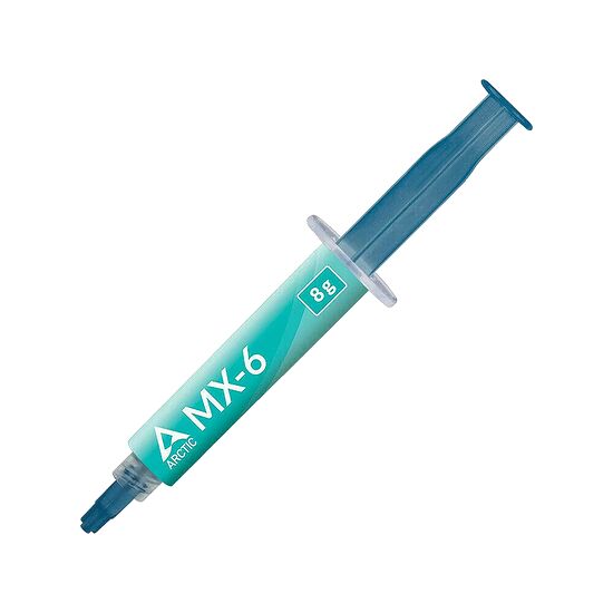 Pâte thermique Arctic MX-6 de 8g présentée dans une seringue bleue et turquoise.