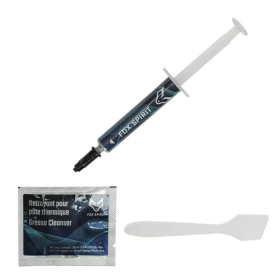 Une seringue de pâte thermique Fox Spirit accompagnée d'un sachet de nettoyant pour pâte thermique et d'une spatule de nettoyage blanche.